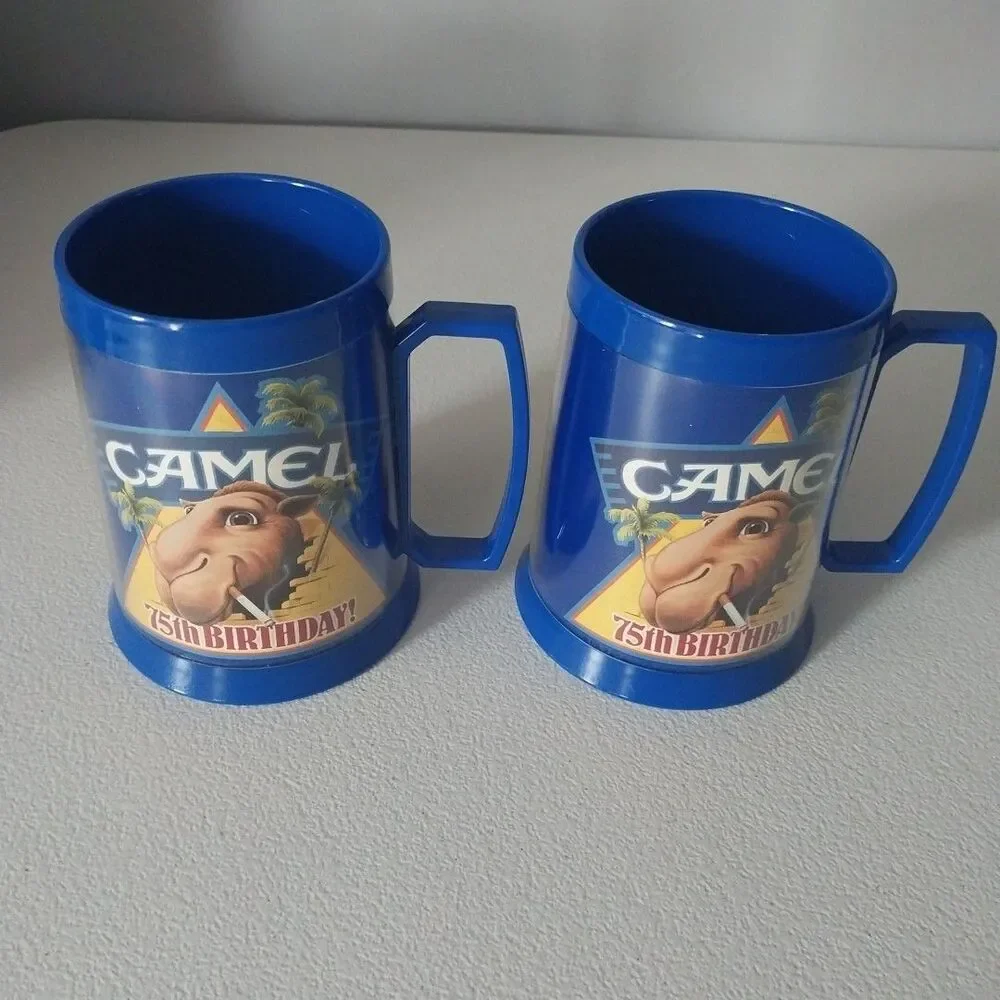 Vintage Camel Joe Camel 75th Anniversary Plastic Thermo Mugs Cups Set of 2